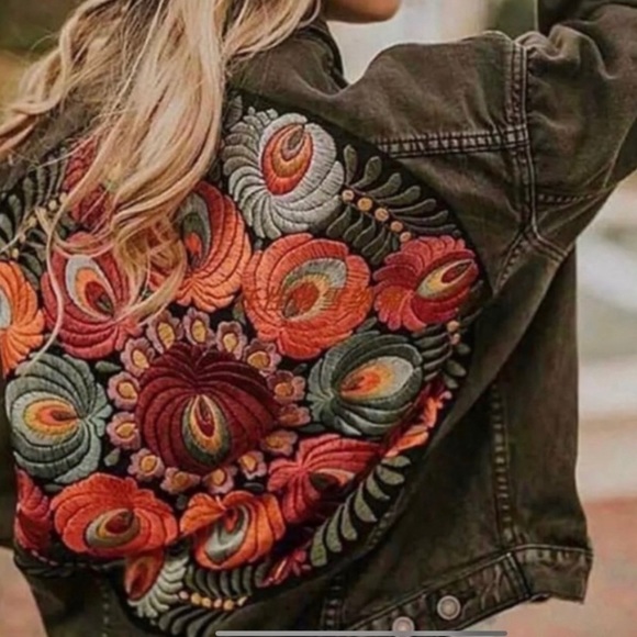 Boho Floral embroidered Distressed denim jean jacket - Picture 5 of 16